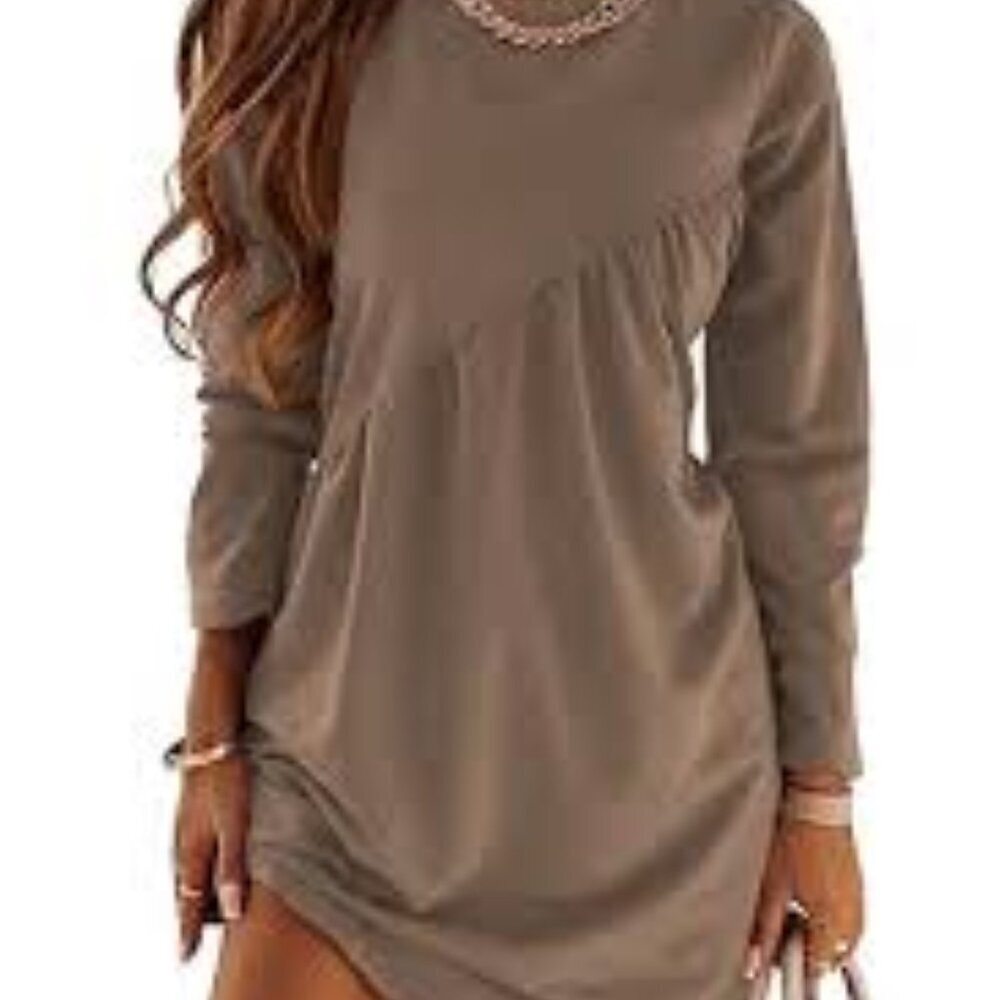 Women's PRETTYGARDEN Long Sleeved Mini Tunic Dress in Brown